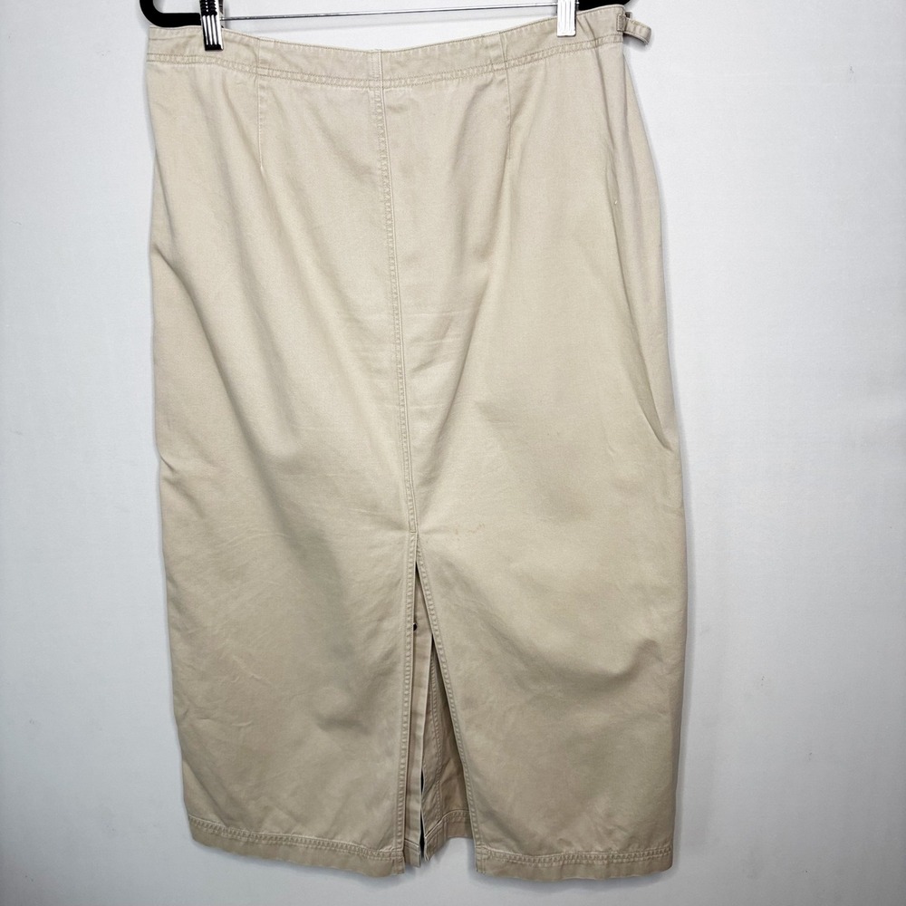 Y2K Lauren Ralph Lauren Cotton Button Front Midi Skirt Size 16 Khaki Cinch Side - Picture 8 of 11
